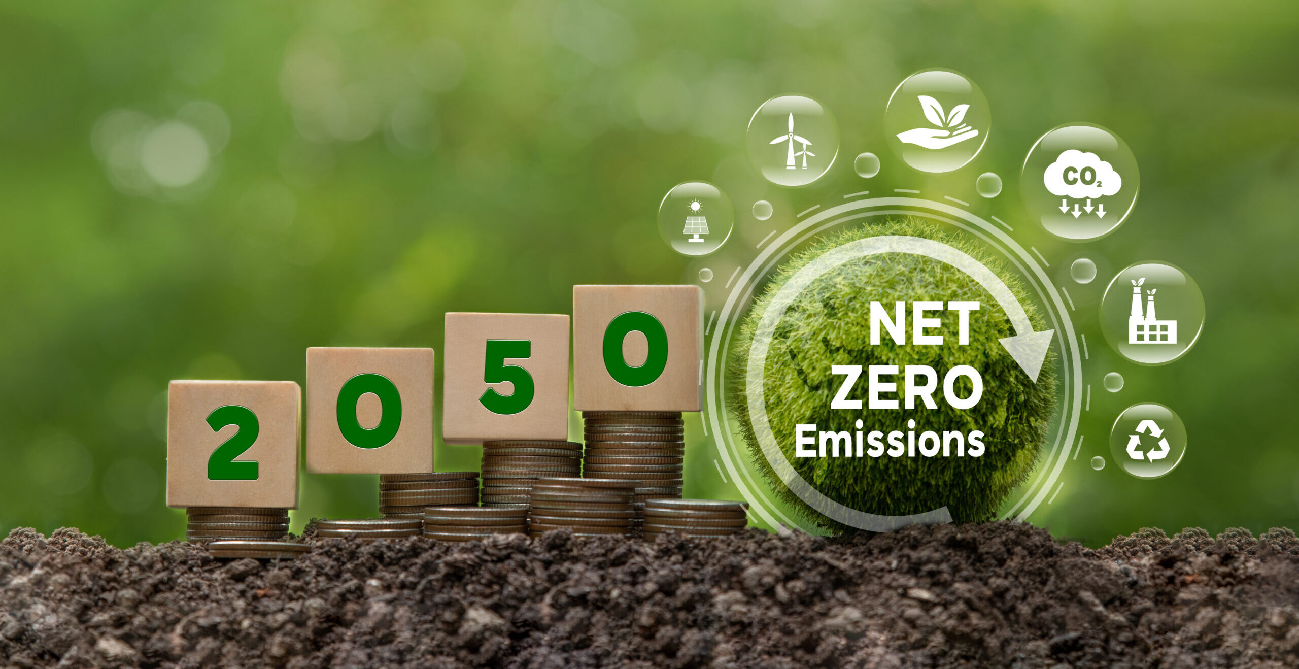 Net Zero Emissions by 2050. Carbon neutral.natural environment A climate-neutral long-term strategy greenhouse gas emissions targets. Sustainable environment development goals.